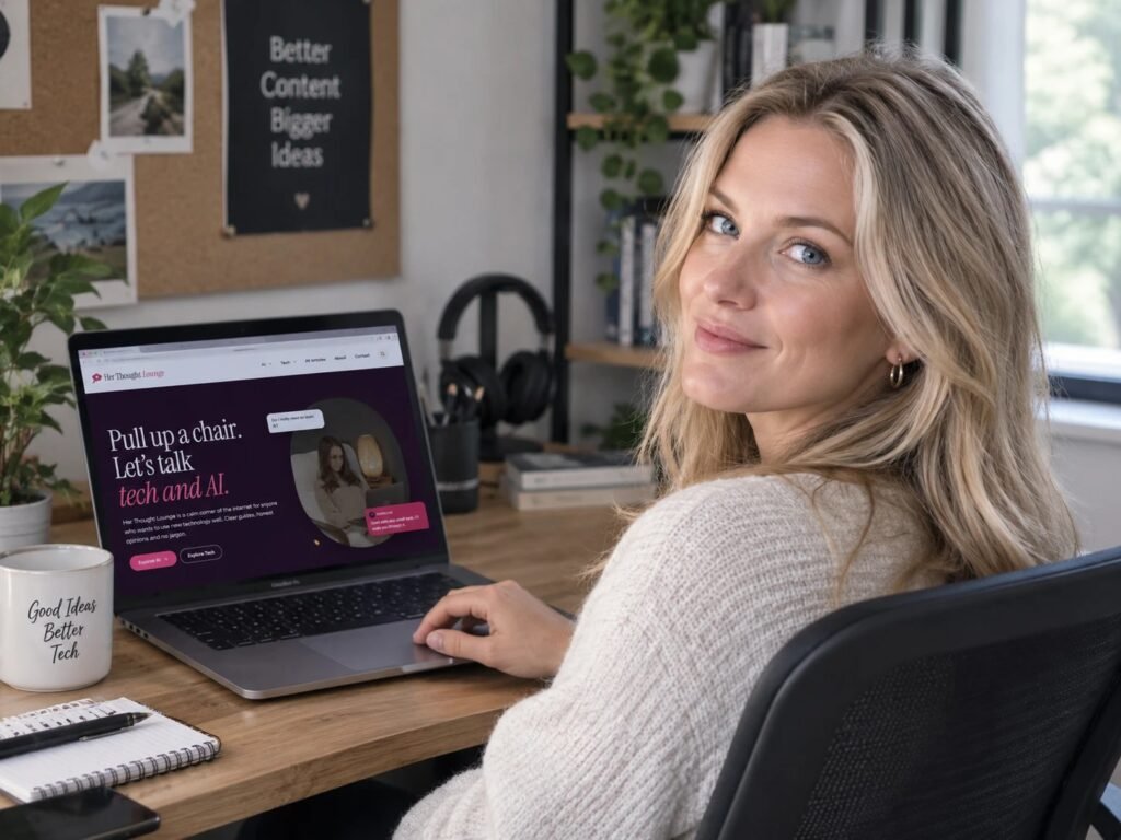 Caroline Rose at her desk with Her Thought Lounge open on her laptop