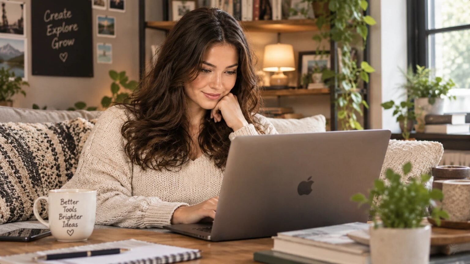 Woman with long dark hair smiling at her laptop on a cozy sofa, with plants and a warm lamp behind her